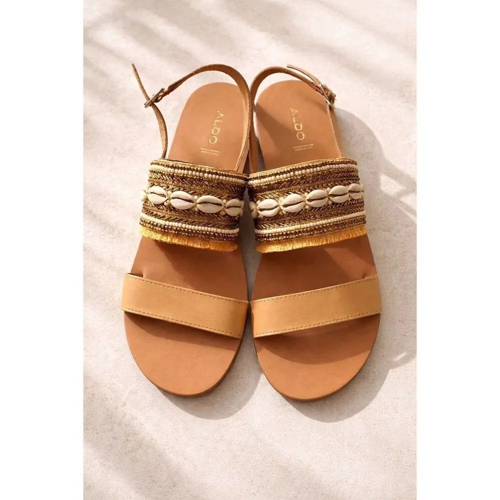 Aldo Boho Beaded Shell Sandals Size 9 Leather Gold Embellished Festival Summer
